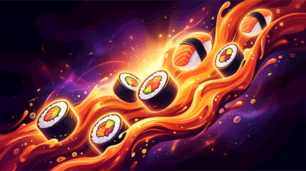 Sushi Rolls Floating in Glowing Liquid Paint Wave, Dynamic Abstract Vector Illustration of Japanese Food with Salmon and Avocado, Vibrant Orange and Purple Energy Flow, Culinary Concept Art © Dwistudio