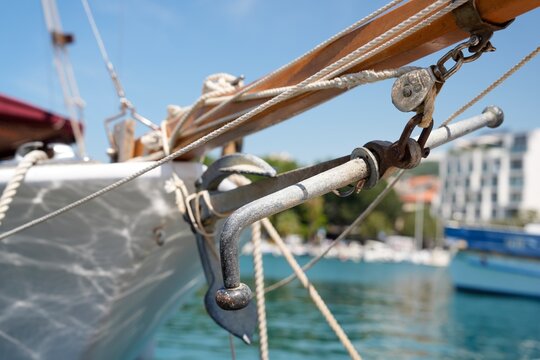 Sailing Boat Anchor And Rigging Detail In Marina