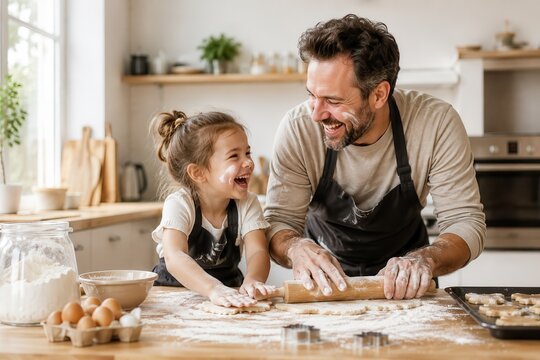 Happy father and daughter baking cookies together in home kitchen