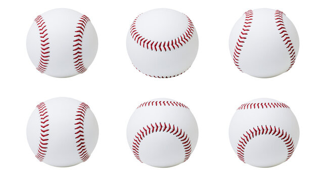 Six white baseballs with red stitching arranged in two rows