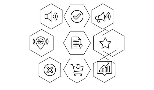Nine hexagonal line icons representing various communication and business concepts