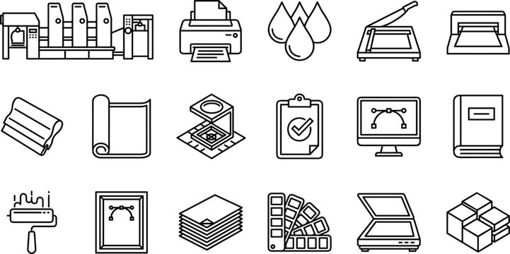 Commercial Printing and Polygraphy Industry Line Icon Set with Offset Machine Plotter CMYK Ink Color Swatch and Paper Cutter Symbols