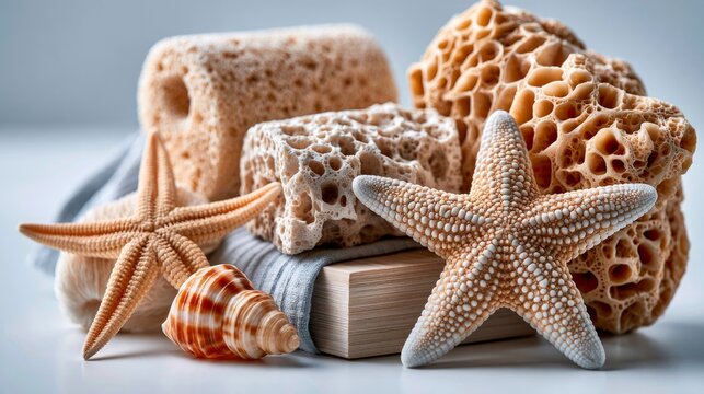 Natural sea sponge and starfish collection with seashell on wooden surface