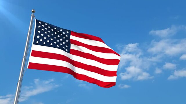 Waving United States Flag against a Blue Sky with Clouds Background