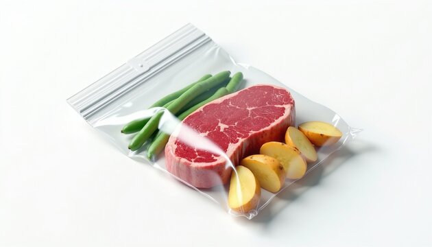 Raw steak meat with green beans, potato wedges inside transparent plastic zipper bag. Vacuum sealed food package for long storage on white surface. Fresh ingredients meal kit for healthy cooking