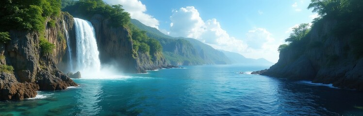Obraz premium Wide panoramic view of tropical waterfall flows down rocky cliff into blue ocean sea bay. Sunny daylight illuminates steep mountains covered with green trees. Pristine nature landscape offers serene