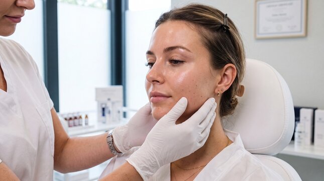 Young woman receiving facial skin examination by dermatologist in clinic, professional skincare consultation, healthy glowing complexion