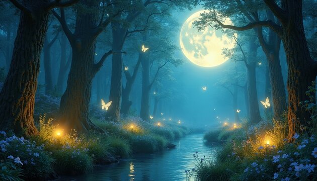 Fantasy forest landscape with flowing river under glowing full moon. Magical butterflies flutter near trees, night flowers. Mystical wood environment with soft blue light. Enchanted nature scene with