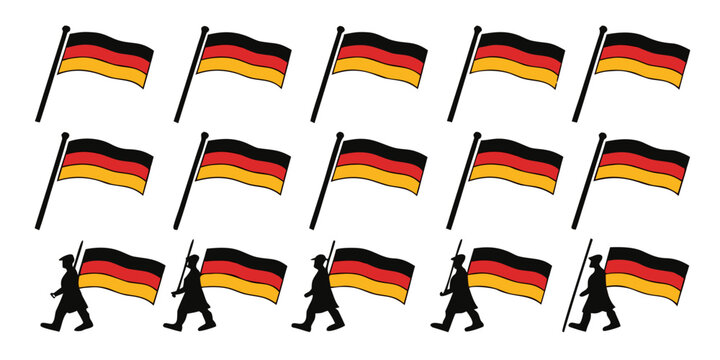 Set of 100 germany flag silhouettes on white background, arranged in three rows black