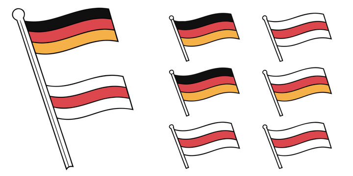 Set of 100 germany flag silhouettes on white background, black, red, and gold tricolor flags