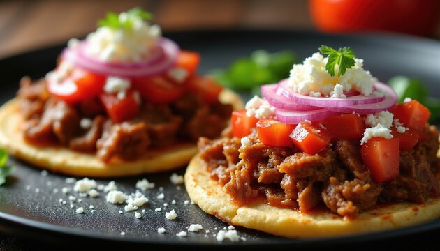 Two traditional Mexican sopes topped with savory shredded meat fresh tomatoes red onion, crumbled white cheese served on black plate. Delicious corn based tortilla snack features colorful vegetable