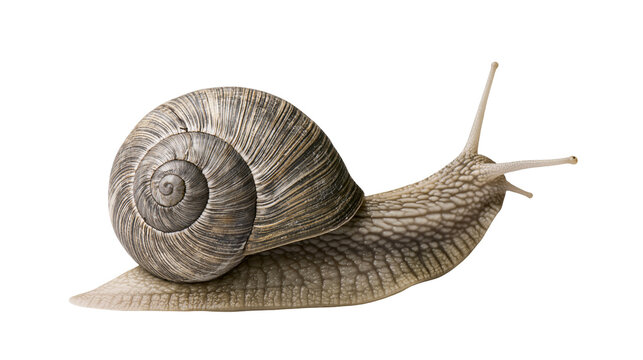 Garden snail with spiral shell on white