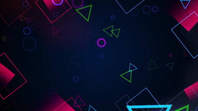 Neon geometric abstract background pink and blue squares, circles, triangles, dotted texture, dark copy space. music videos, party promos, gaming intros, social media posts, energetic motion overlays.