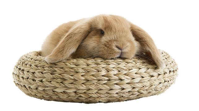 Fluffy lop-eared rabbit resting in woven straw bed