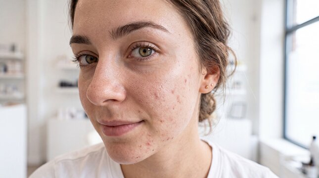 Young woman with light skin and brown hair showing mild acne, redness, and blemishes on cheek in bright indoor setting, natural expression, skincare concern