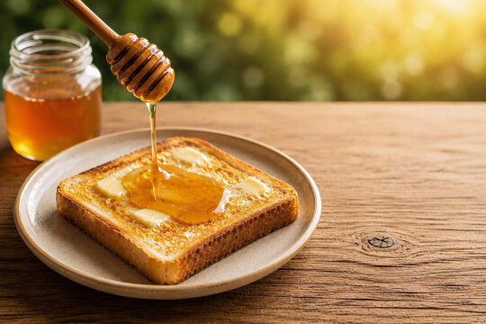 Knuspriger Toast mit Butter und flie&szlig;endem Honig beim Fr&uuml;hst&uuml;ck
