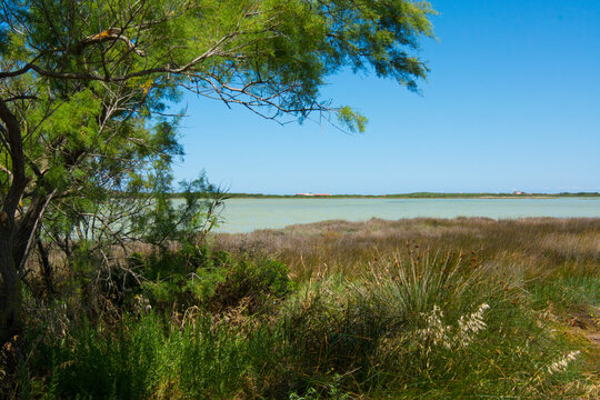 Panoramic view of Salina Manna salt lagoon in Sardinia