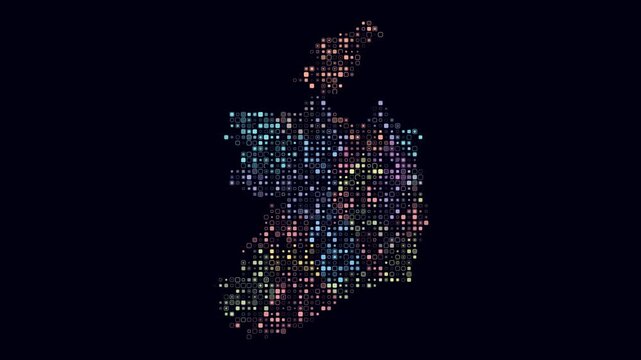 Ireland map animation. Shape of the country with pulsating colored dots. Small size rounded square blocks. Digital style Ireland map on dark background. Abstract video.