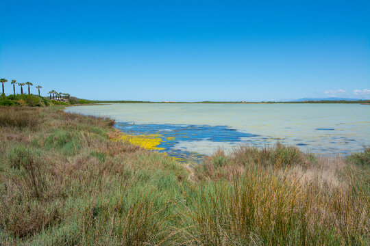 Panoramic view of Salina Manna salt lagoon in Sardinia