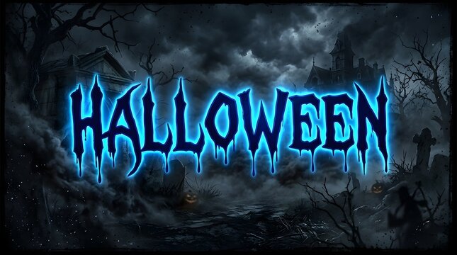 Halloween text with a glowing blue dripping font in a dark haunted cemetery