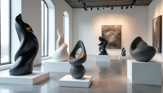 Modern gallery space displays abstract sculptures on white pedestals. Minimalist room features black, white artistic statues arranged for visitors. Smooth stone figures occupy bright museum hall with