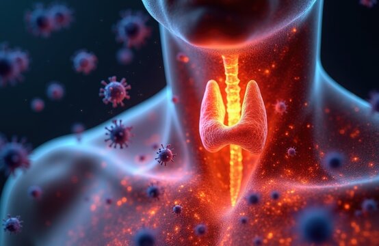 Medical 3D render of human neck anatomy inflamed thyroid gland. Immune system cells attack endocrine organ in body causing Hashimoto disease. Digital visualization shows chronic condition pathology