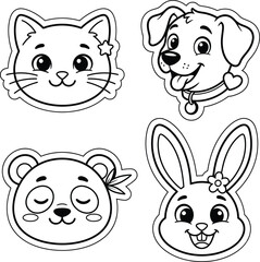 Obraz premium Four adorable animal heads including a cat, dog, panda, and bunny featuring cute expressions for coloring activity.