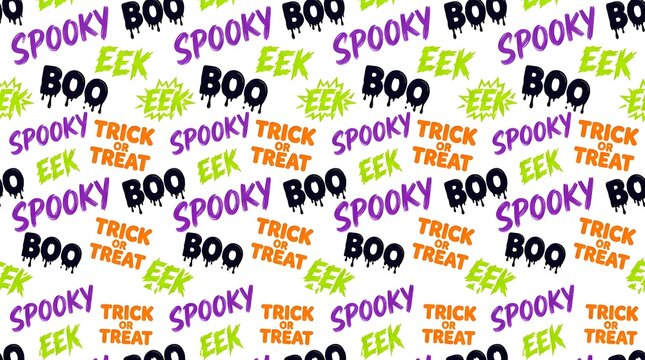 Seamless pattern with spooky, boo, eek, and trick or treat text