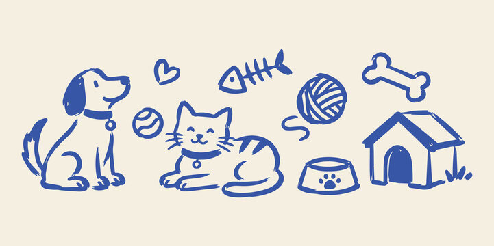 Dog and Cat Pet Care Set Hand Drawn Vector Illustration