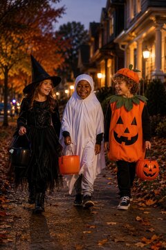 Happy children trick or treating in Halloween costumes at dusk