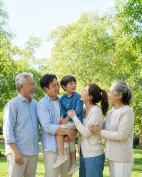 Happy three generation Asian family laughing together in park