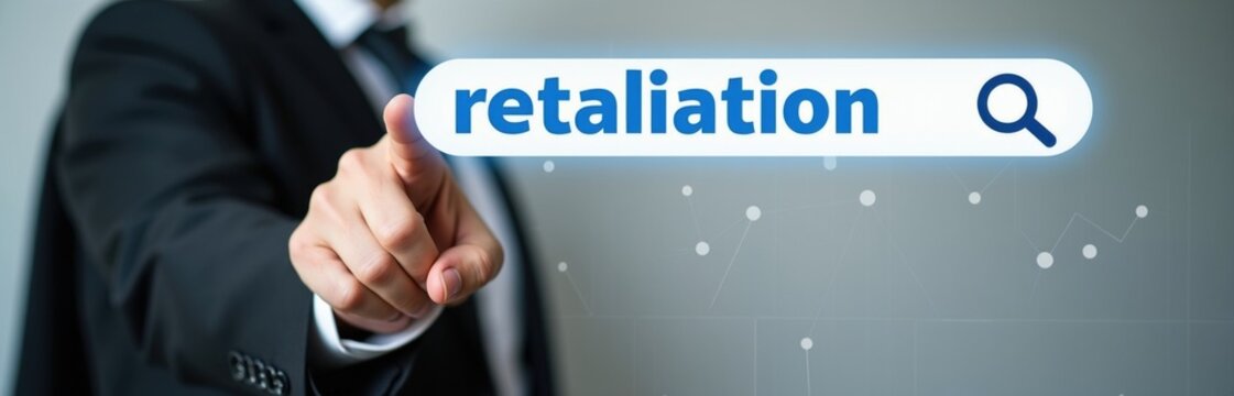 Man in suit points finger at search bar with word retaliation displayed. Online search for revenge or consequence. Digital concept of retribution search.