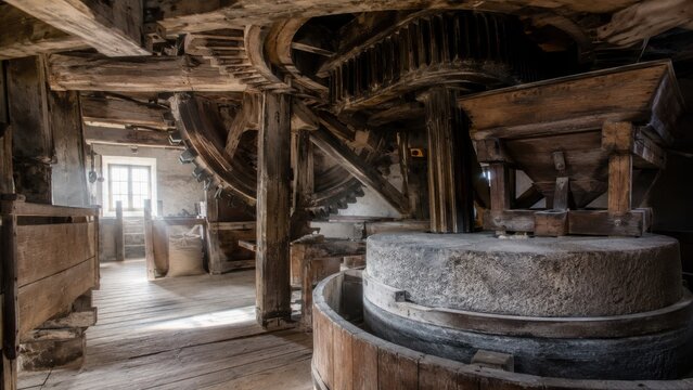 Historic windmill interior with wooden gears and millstones