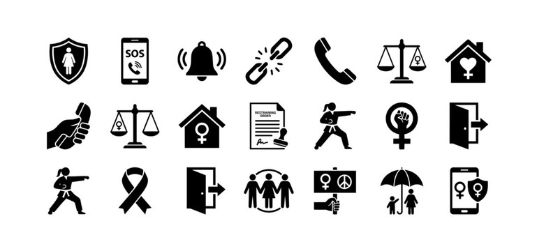 Women safety and violence awareness icon set, 16 black silhouette symbols, SOS, protection shield, helpline, flat vector icons, white background