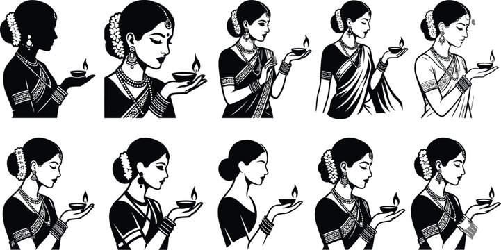 Indian women holding oil lamps black and white vector illustration collection
