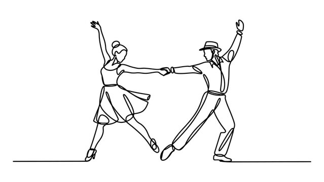 Continuous single line drawing of a man and woman dancing together in vintage clothing isolated on a white background isolated on white background, Vector, illustration
