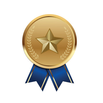 Premium Gold Medal Award Icon with Star and Blue Ribbon for Business Achievement, Winner Recognition & Quality Seal