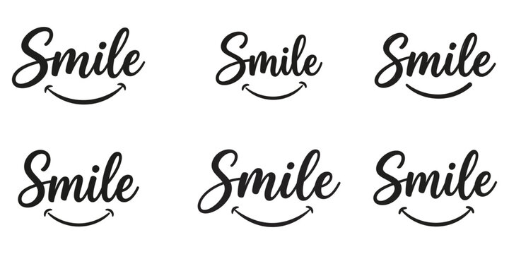 Repeating smile typography with elegant cursive lettering on a white background for positive messaging and cheerful design elements
