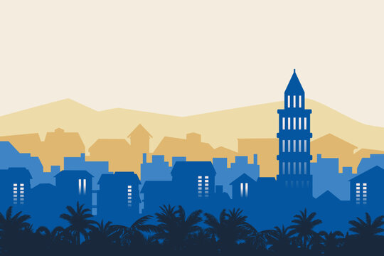 Croatia City Skyline Silhouette. Historic Tower and Palm Trees Vector Background. Roofs of houses. Country landscape. Trendy cityscape silhouette