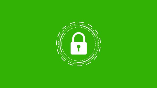 Digital security concept featuring a white padlock surrounded by rotating hud circular data interface on a solid chroma key green screen background, for easy compositing