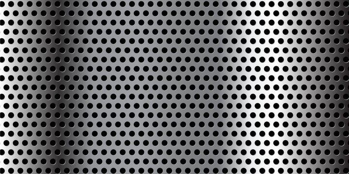 Silver perforated metal plate texture with round holes and brushed chrome gradient sheen, perfect for industrial, automotive, tech and speaker grille design