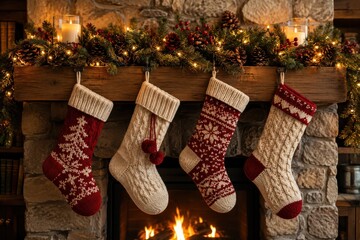 Obraz premium Knitted Christmas stockings hanging on fireplace mantel with garland