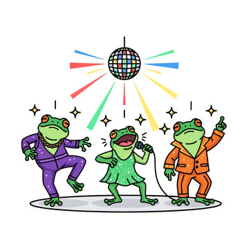 Three cartoon frogs dancing and singing under a bright disco ball