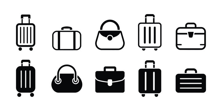 Suitcase icons illustrating black and white luggage and handbag symbols with clean minimalist vector graphics for travel agencies, vacation planning, airport services, fashion branding, and baggage de