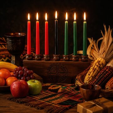 Kwanzaa kinara with seven candles and harvest decorations