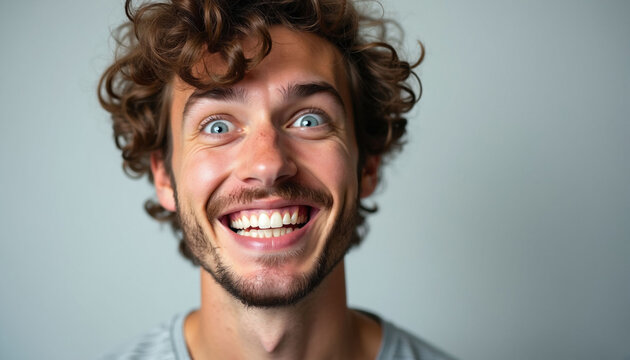 Young man with curly brown hair makes funny facial expression. Guy shows wide grin with white teeth, big eyes. Male person looks amused posing for headshot portrait. Cheerful guy displays goofy