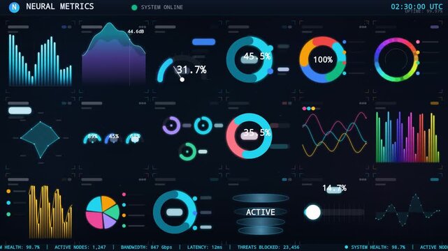 Futuristic dashboard with vibrant neural network metrics and data visualization graphs on a dark background