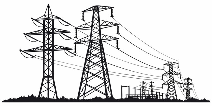 Detailed line of high-voltage electricity transmission towers with power lines and insulators high-voltage tower