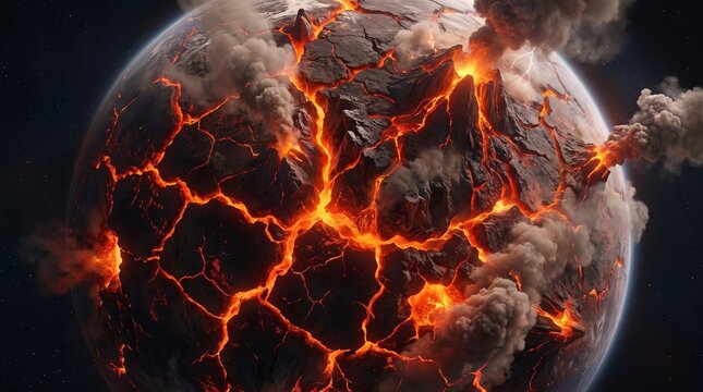A planet cracking open with molten lava and smoke erupting from its surface, depicting a catastrophic event.
