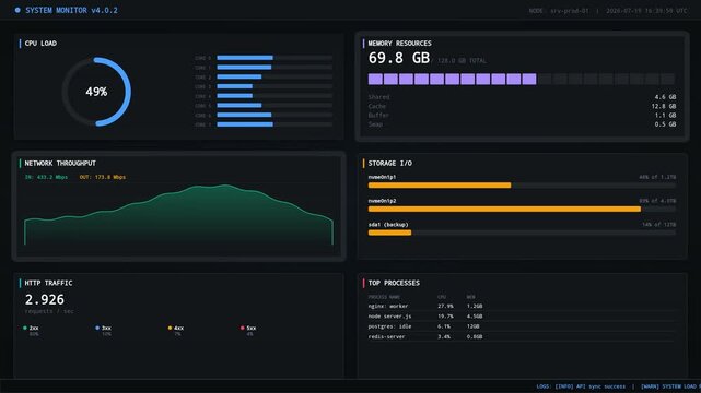 Real-time computer system performance monitoring dashboard with CPU, memory, network, and disk usage metrics, visually presented on a dark interface